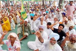 Workers staging demonstration in front of the Mini-Secretariat in Bathinda