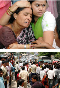 (Top) A woman consoles the mother of two children who died of diarrhoea at Gurgaons Civil Hospital on Thursday due to alleged negligence of hospital staff. (Below) Angry relatives block traffic in protest.