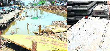 The left portion of the flyover from where the concrete slabs were removed; and (right) cracked concrete slabs piled up near the flyover in Ludhiana. Tribune photos: Himanshu Mahajan