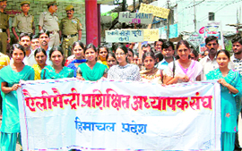 Elementary trained teachers assembled at Gandhi Chowk before their rally at Hamirpur on Saturday.