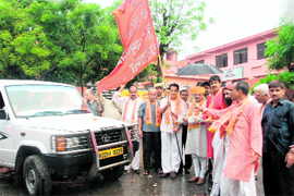 Technical Education Minister Rajinder Singh Chib flags off the Buddha Amarnath yatra from Ved Mandir in Jammu on Sunday.