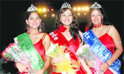 Miss Uttarakhand Asha Negi (centre) along with first runner-up Priyanka Chetri (right) and second runner-up Sonia Chauhan at the contest in Dehradun.