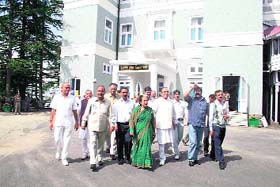 Opposition leaders staging a walkout on the first day of the monsoon session of the Himachal Vidhan Sabha at Shimla