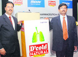 Paras Pharmaceuticals managing director S Raghunandan (L) and Ajay Rawal, general manager, healthcare division, at the launch of 'D'cold Natural with Active Haldi' , India's first natural remedy for cold and cough, in New Delhi on Tuesday