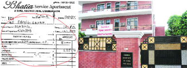 The scanned copy of a voucher issued by Bhatia Service Apartment shows exorbitant rates charged from a guest and (right) the residence in Sector 20-D from where the Bhatias are running the Bed and Breakfast scheme.