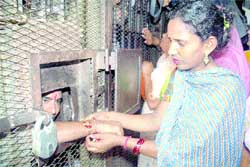A woman ties rakhi to an inmate of Jalandhar Central Jail on the occasion of Rakshabandhan 