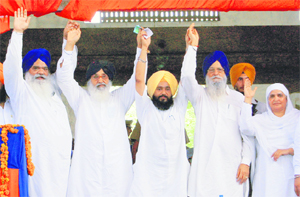Chief Minister Parkash Singh Badal (second from left) with other SAD leaders at Baba Bakala near Amritsar on Wednesday. 