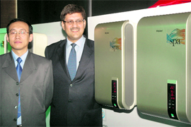 Wang Cheng (L), Product Line chief and Pranay Dhaba Whole time Director and COO, Haier Appliances India at the launch of electric Spa water heaters, in New Delhi on Thursday.