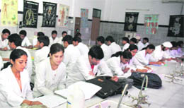 Students of pharmacy in a laboratory in the BS Anangpuria Institute of Pharmacy in Faridabad district. 