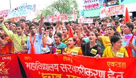 ABVP activists taking out a rally in protest against government policies at Dharamsala