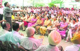 A bank union leader addresses employees