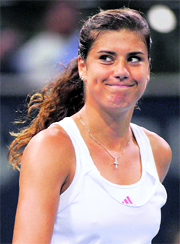 Sorana Cirstea of Romania reacts after defeating Caroline Wozniacki of Denmark in the LA Womens Tennis Championship in Carson, California, on Wednesday.
