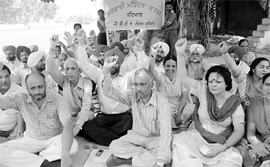 Members of the Government College Teachers Association hold a dharna in support of their demands at Government Mohindra College in Patiala on Friday.