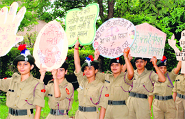 NCC girl cadets rally against female foeticide in Chandigarh on Friday.
