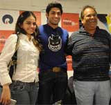 Actors Sheena Shahabadi and Ruslaam Mumtaz and director Satish Kaushik promote their film Teree Sang at Ambience Mall in Gurgaon
