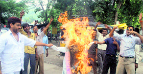 Uttarakhand Vikas Manch members burn an effigy of the state government in Haridwar on Friday.