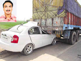 The car that collided with a truck on the Zirakpur-Ambala highway on Friday. (Inset) Virender Kumar, the deceased.