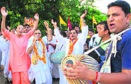 ISKCON devotees take out a nagar sankirtan at Sector 17 in Chandigarh on Satuday.