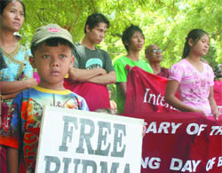 Myanmar protesters demonstrate on the 21st anniversary of the Historic Day of '8888' atJantar Mantar in New Delhi on Saturday.