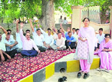 Teachers of the CDLU, Sirsa, stage a dharna at the university gate on Saturday.