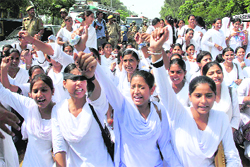 Students of Government College for Women, Gandhi Nagar, hold a protest in support of the proposed central university in Jammu on Saturday. 