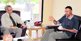 PAU Vice-Chancellor, Dr Manjit Singh Kang, interacts with US-based biochemist, Dr Harminder Mashiana, in Ludhiana.