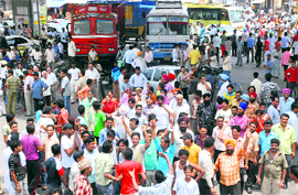Residents of Zirakpur block the Chandigarh- Ambala national highway on Sunday to protest long power cuts.