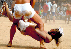 Players in action during a kabaddi match at Dadu Majra.