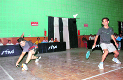 A doubles match in progress at the District Badminton Championship in Dehradun on Sunday.