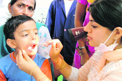A child being examined at a medical camp in Ludhiana on Sunday.