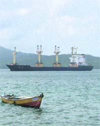North Korean ship MV Musan is seen anchored near Port Blair, the capital of Andaman and Nicobar islands