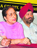 Dr Harshinder Kaur, a paediatrician-cum-writer, makes a point in Ludhiana on Sunday. 