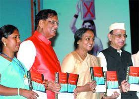 Meira Kumar, Speaker, Lok Sabha; Bindeshwar Pathak, founder of Sulabh Sanitation and Social Reform Movement; Bhishma Narain Singh, former union minister; and Usha Chomar, a scavenger from Alwar, release a book on New Princesses of Alwar and Alwar ki Nai Rajkumariya, based on the transformation of lives of erstwhile women scavengers of Alwar, at a function in New Delhi