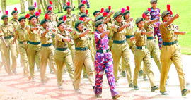 NCC girl cadets rehearse for the Independence Day parade in Jalandhar on Monday.