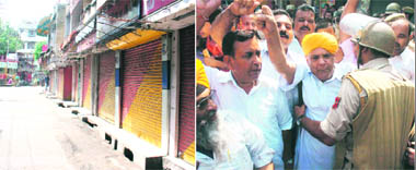 Shops closed in a market to observe a Jammu bandh on Monday; and (right) BJP leaders protest before courting arrest on the varsity issue. 