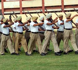 Home Guard jawans rehearse for Independence Day parade in Amritsar.