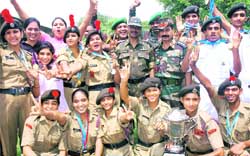 Cadets from the Chandigarh NCC group in a jubilant mood after bagging top honours in the inter-group shooting championship held in Chandigarh