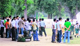 A group of boys at the venue for Independence Day rehearsals in Ludhiana