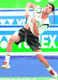Arvind Bhat plays a shot against Yu Hsing Hsieh during the men's singles match  in Hyderabad on  Tuesday.