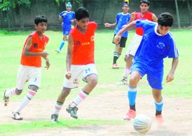 Players in action during the Chandigarh Sub-Junior Football Championship in Chandigarh