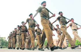 The Chandigarh Police cops rehearse ahead of the Independence Day celebrations at the Sector 17 parade ground