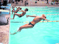 Boys participate in a swimming event in the 44th State-Level School Sports in Sirsa.
