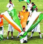 Patriotic fervour: School students rehearse for the Independence Day celebrations in Amritsar.