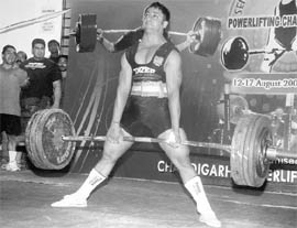 Jupinder Singh of RSPB in action during the 35th Men Senior National Powerlifting Championship in Chandigarh on Friday. 