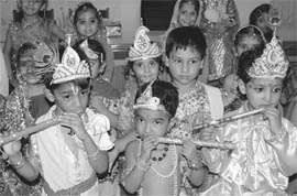 Children dress up as Lord Krishna on the occasion of Shri Krishna Janmashtami at DAV Public School in Patiala, on Friday
