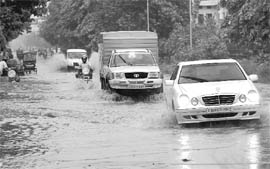 Waterlogged street at Phase VI in Mohali on Friday