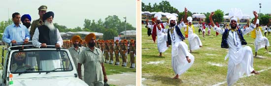 CM Parkash Singh Badal (left) inspects the guard of honour during a function organised on the occasion of the Independence Day in Ferozepur on Saturday while students (right) perform Bhangra