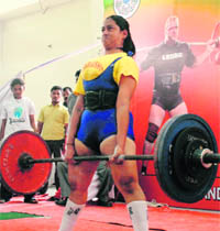 A player from Maharashtra attempts a lift during the 35th (men) and 27th (women) Senior Powerlifting Championship at Weightlifting Hall (Sports Complex), Sector 42, Chandigarh, on Saturday.