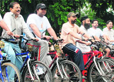 Members of Chandigarh Press Club take part in a cycling expedition in Chandigarh on Saturday.