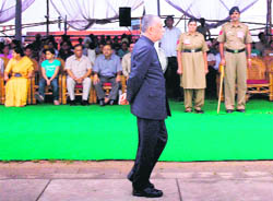 All Alone!: Adviser Pradeep Mehra waits for UT Administrator SF Rodrigues at parade ground for I-Day function on Saturday.